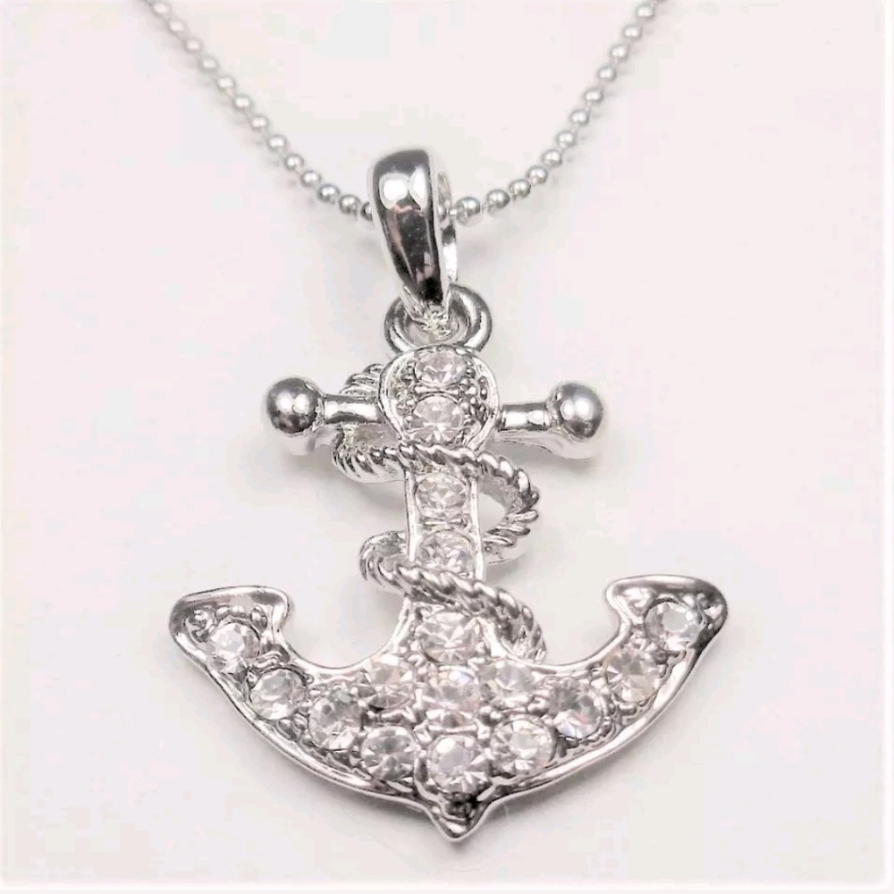 NAUTICAL RHODIUM CRYSTAL BOAT ANCHOR NECKLACE